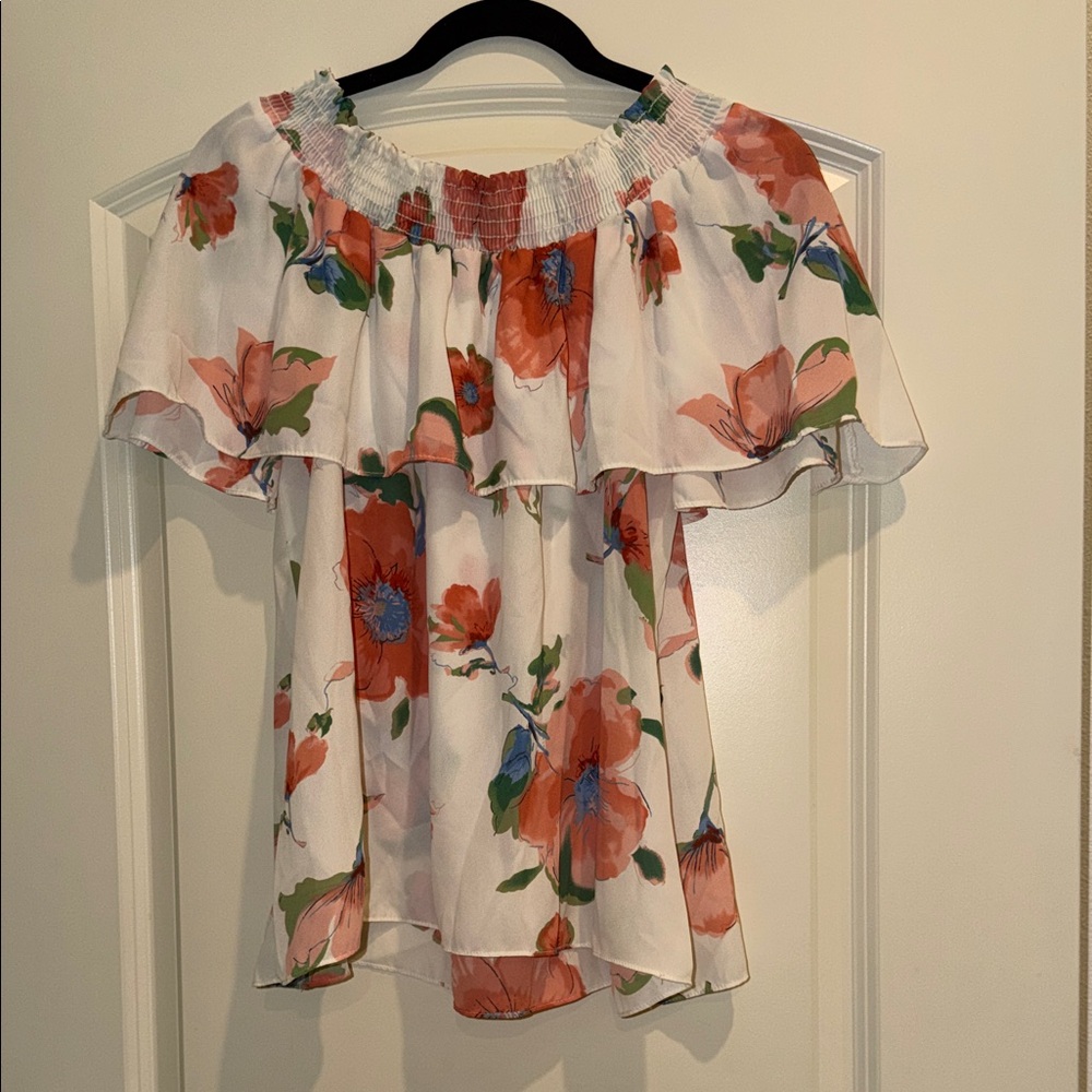 Off-Shoulder Floral Blouse in White and Coral